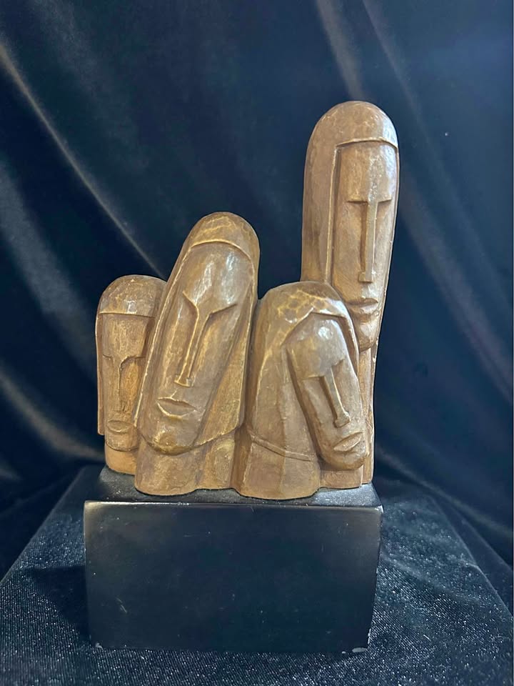 Carved Wood Family Sculpture · Four Abstract Figures on Black Base, additional view — original item photo