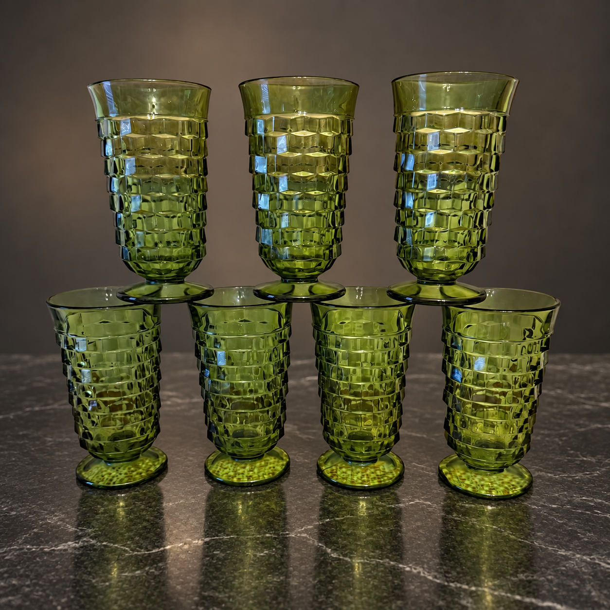 Avocado Green Cubist Footed Glasses — Set of 7