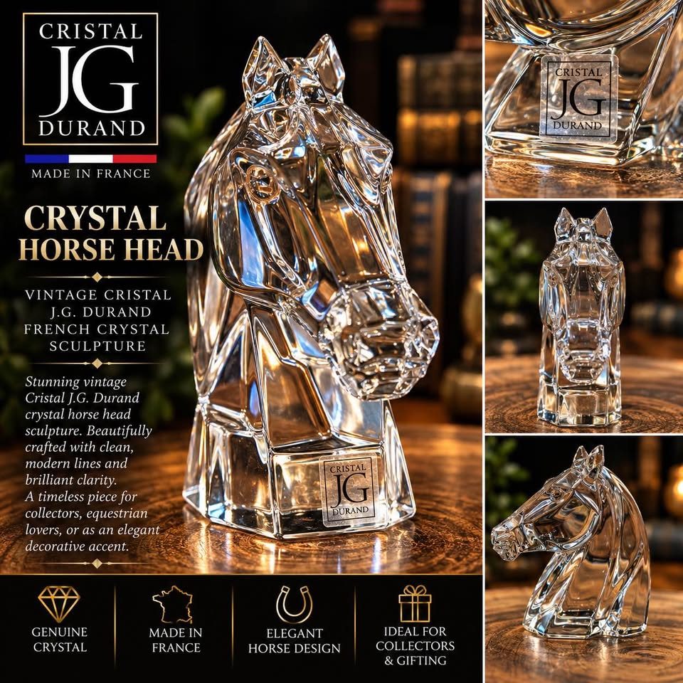 J.G. Durand Horse-Head Sculpture · Clear Crystal, Label Visible, additional view — original item photo