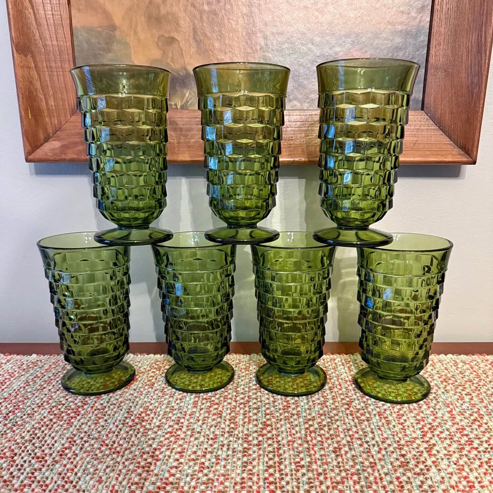 Avocado Green Cubist Footed Glasses — Set of 7, additional view