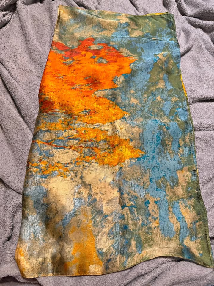 Abstract Multicolor Scarf · Orange, Blue & Gold-Tone Print, additional view — original item photo Abstract Multicolor Scarf · Orange, Blue & Gold-Tone Print, additional view — original item photo
