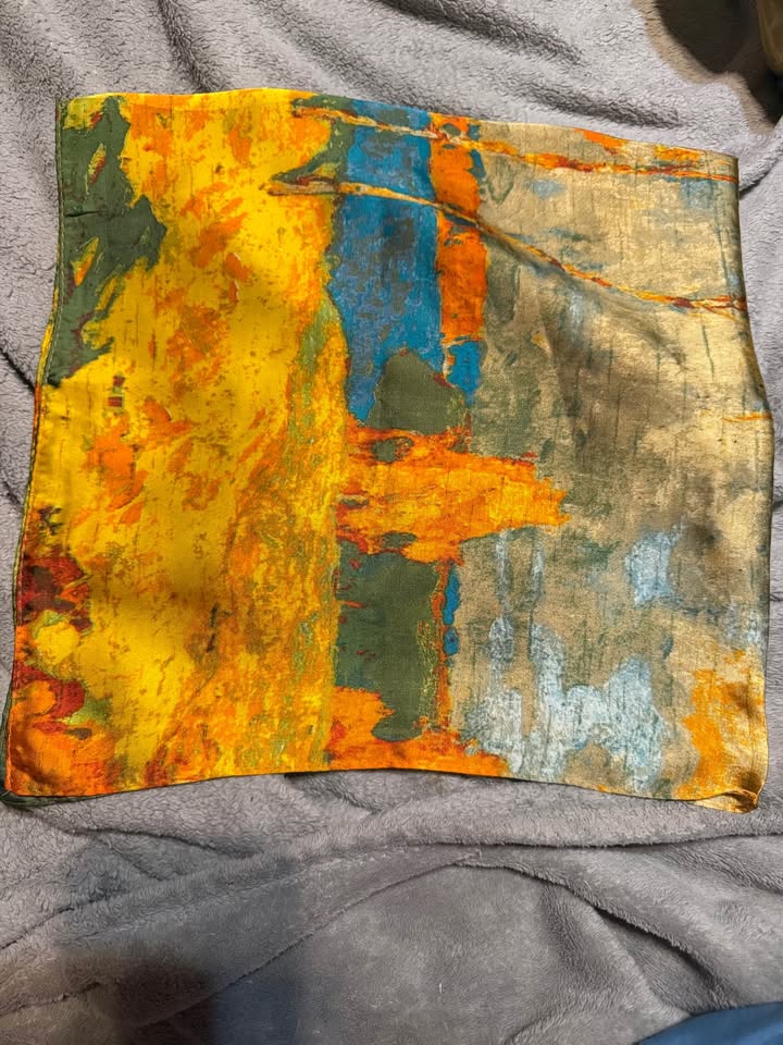 Abstract Multicolor Scarf · Orange, Blue & Gold-Tone Print, additional view — original item photo Abstract Multicolor Scarf · Orange, Blue & Gold-Tone Print, additional view — original item photo