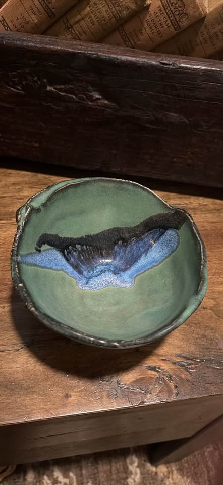 Blue-Green Studio Pottery Bowl · Crystalline Glaze & Marked Base, additional view — original item photo Blue-Green Studio Pottery Bowl · Crystalline Glaze & Marked Base, additional view — original item photo