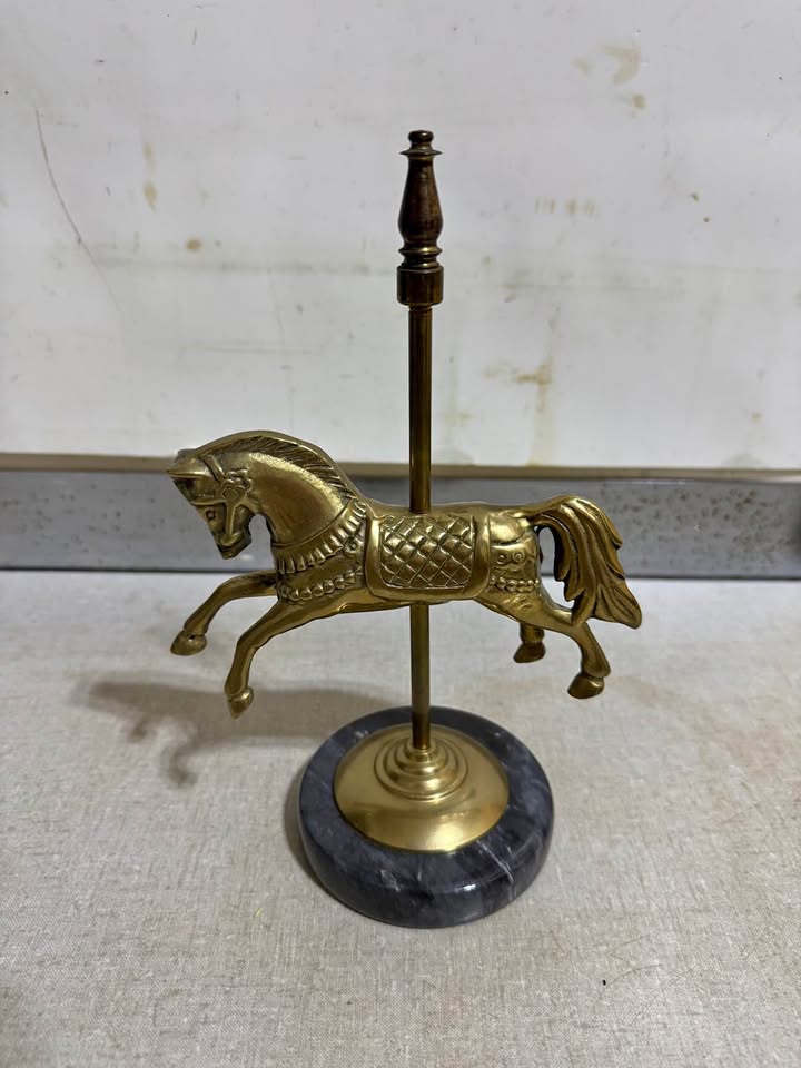 Brass-Tone Carousel Horse Sculpture · Dark Round Stone Base, additional view — original item photo Brass-Tone Carousel Horse Sculpture · Dark Round Stone Base, additional view — original item photo