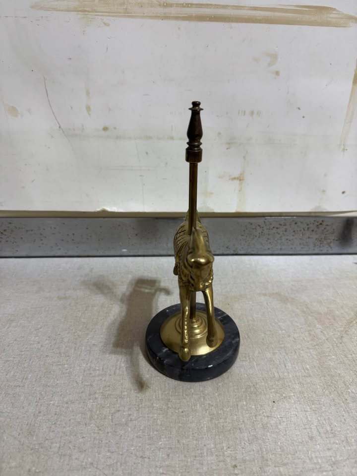 Brass-Tone Carousel Horse Sculpture · Dark Round Stone Base, additional view — original item photo Brass-Tone Carousel Horse Sculpture · Dark Round Stone Base, additional view — original item photo
