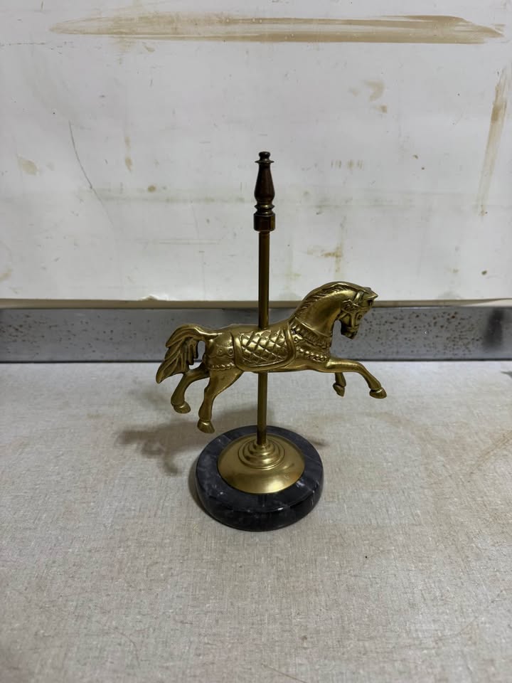 Brass-Tone Carousel Horse Sculpture · Dark Round Stone Base, additional view — original item photo Brass-Tone Carousel Horse Sculpture · Dark Round Stone Base, additional view — original item photo