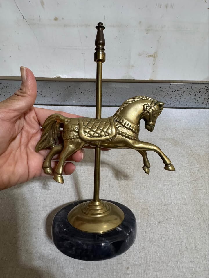 Brass-Tone Carousel Horse Sculpture · Dark Round Stone Base, additional view — original item photo Brass-Tone Carousel Horse Sculpture · Dark Round Stone Base, additional view — original item photo