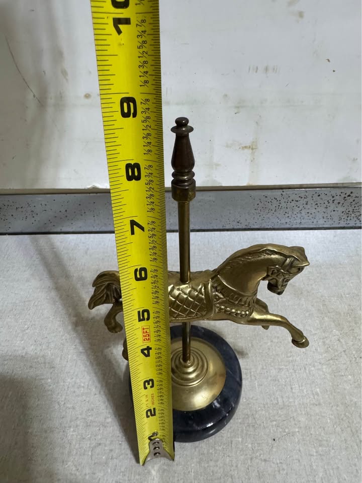 Brass-Tone Carousel Horse Sculpture · Dark Round Stone Base, additional view — original item photo Brass-Tone Carousel Horse Sculpture · Dark Round Stone Base, additional view — original item photo