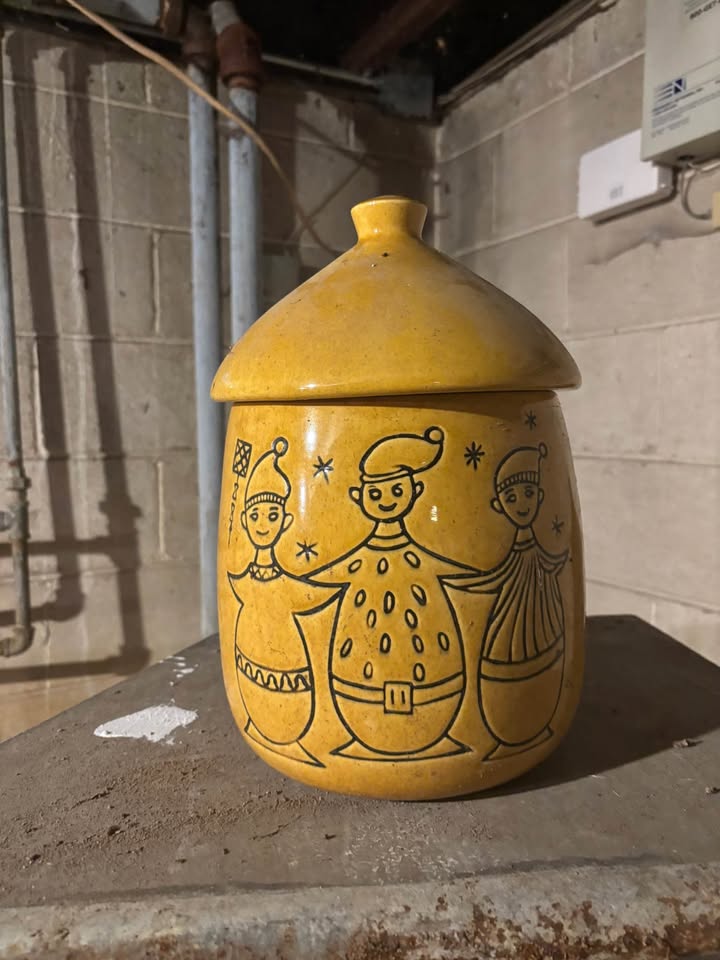 Dancing Elves · Ochre Ceramic Cookie Jar, additional view — original item photo Dancing Elves · Ochre Ceramic Cookie Jar, additional view — original item photo