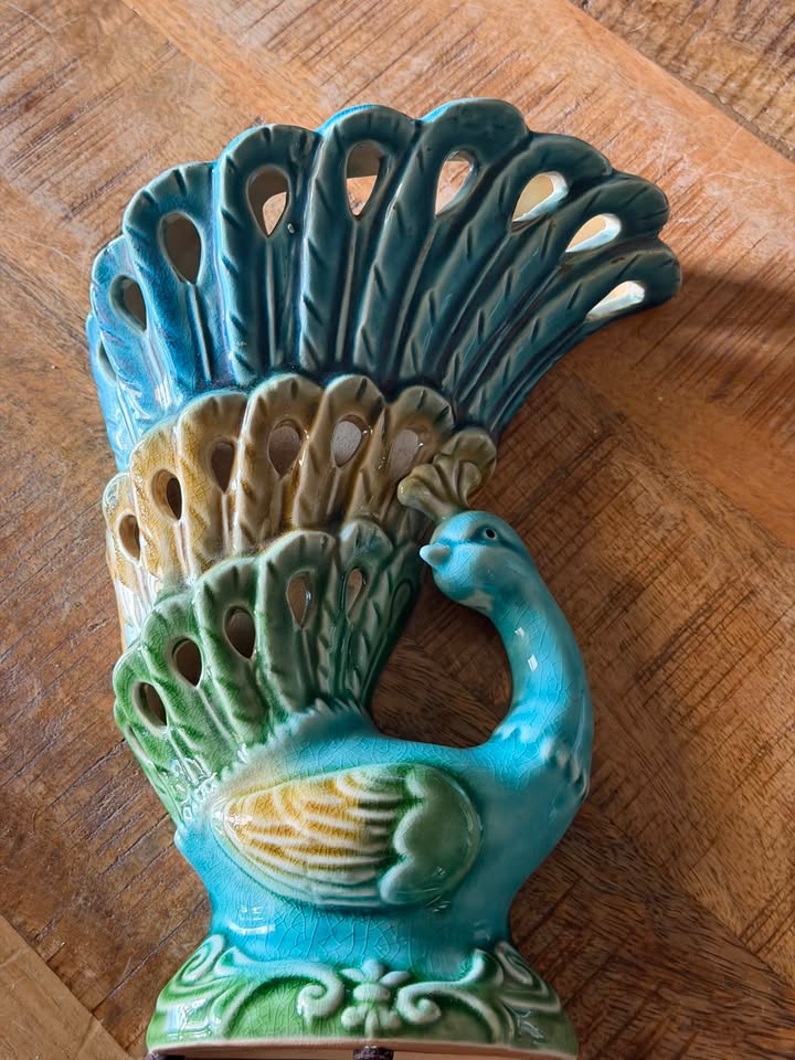 Debao Ceramic Peacock Wall Pocket · Blue-Green Pierced Tail, additional view — original item photo Debao Ceramic Peacock Wall Pocket · Blue-Green Pierced Tail, additional view — original item photo