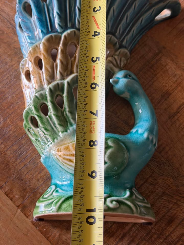 Debao Ceramic Peacock Wall Pocket · Blue-Green Pierced Tail, additional view — original item photo Debao Ceramic Peacock Wall Pocket · Blue-Green Pierced Tail, additional view — original item photo