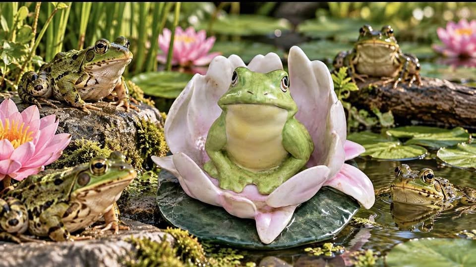 Green Frog & Pink Water Lily · Two-Piece Porcelain Figurine, additional view — original item photo