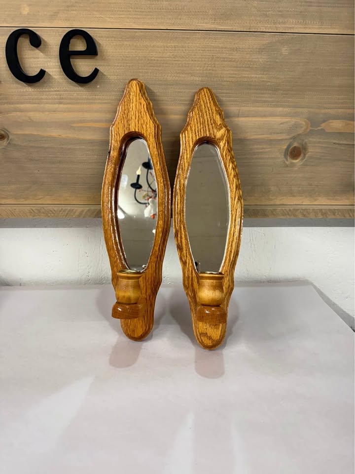 Honey-Tone Wood Mirror Wall Sconces · Matching Candle-Holder Pair, additional view — original item photo Honey-Tone Wood Mirror Wall Sconces · Matching Candle-Holder Pair, additional view — original item photo