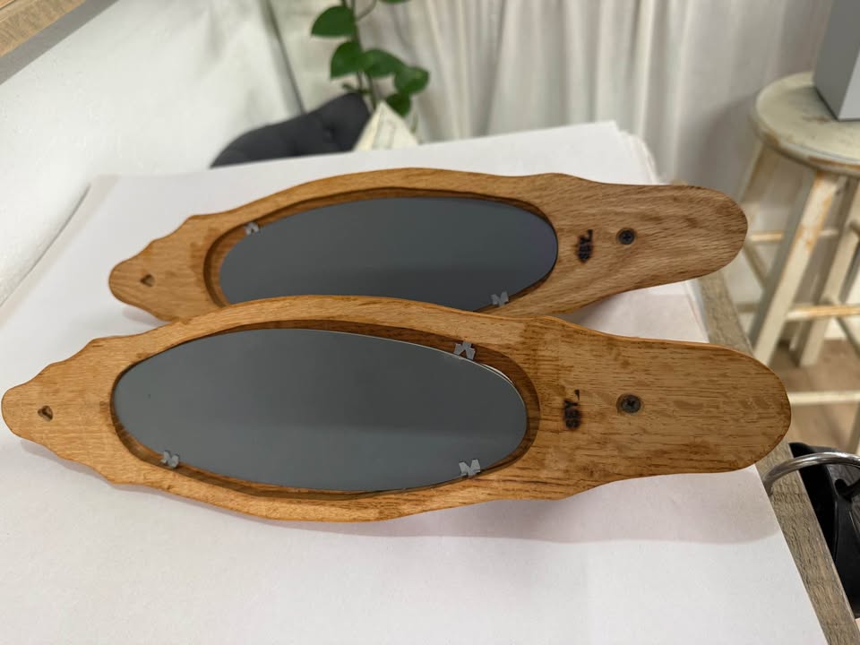 Honey-Tone Wood Mirror Wall Sconces · Matching Candle-Holder Pair, additional view — original item photo Honey-Tone Wood Mirror Wall Sconces · Matching Candle-Holder Pair, additional view — original item photo