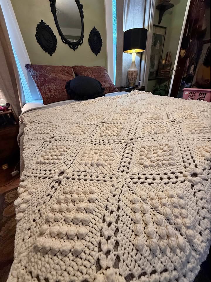 Ivory Relief Crochet Blanket · Raised Squares & Scalloped Edge, additional view — original item photo Ivory Relief Crochet Blanket · Raised Squares & Scalloped Edge, additional view — original item photo