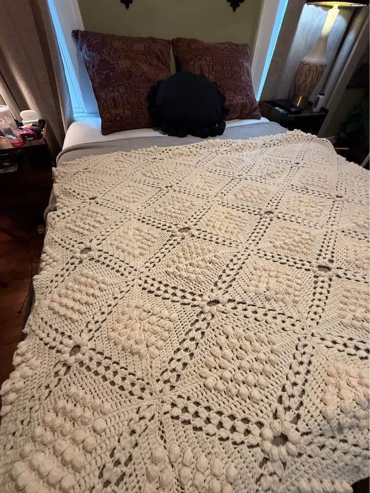 Ivory Relief Crochet Blanket · Raised Squares & Scalloped Edge, additional view — original item photo Ivory Relief Crochet Blanket · Raised Squares & Scalloped Edge, additional view — original item photo