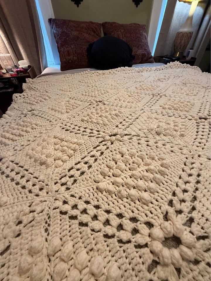 Ivory Relief Crochet Blanket · Raised Squares & Scalloped Edge, additional view — original item photo Ivory Relief Crochet Blanket · Raised Squares & Scalloped Edge, additional view — original item photo
