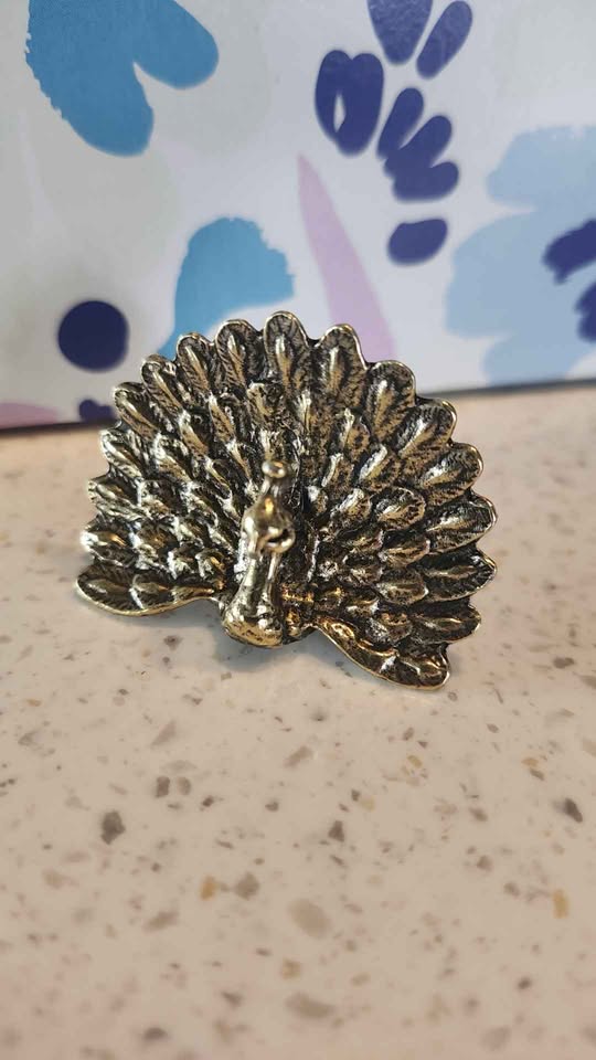 Miniature Fan-Tail Peacock · Brass-Tone Shelf Figurine, additional view — original item photo Miniature Fan-Tail Peacock · Brass-Tone Shelf Figurine, additional view — original item photo
