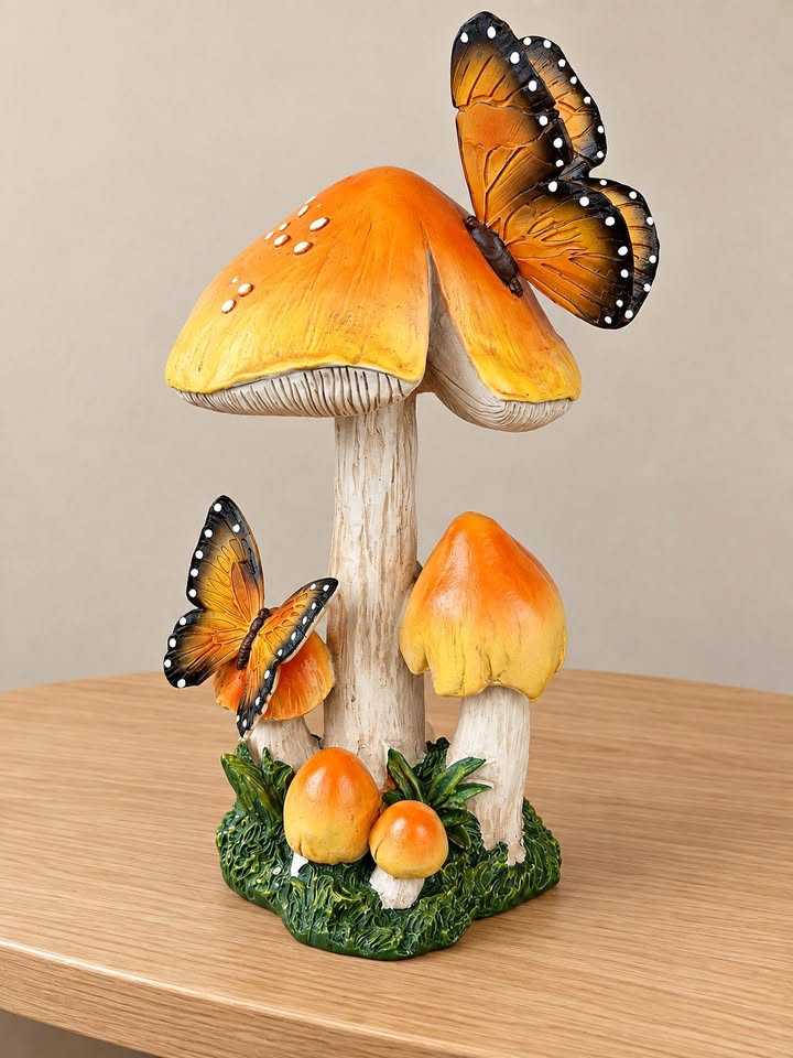 Orange-Cap Mushroom Sculpture · Two Butterfly Visitors, additional view — original item photo