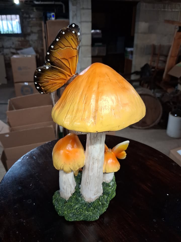 Orange-Cap Mushroom Sculpture · Two Butterfly Visitors, additional view — original item photo
