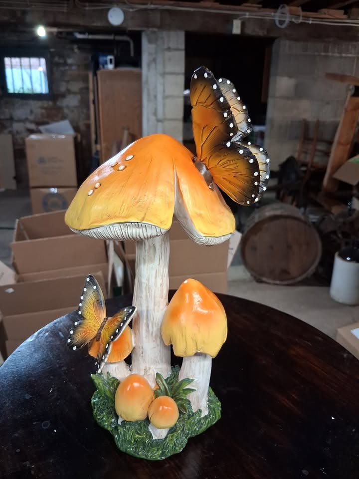 Orange-Cap Mushroom Sculpture · Two Butterfly Visitors, additional view — original item photo