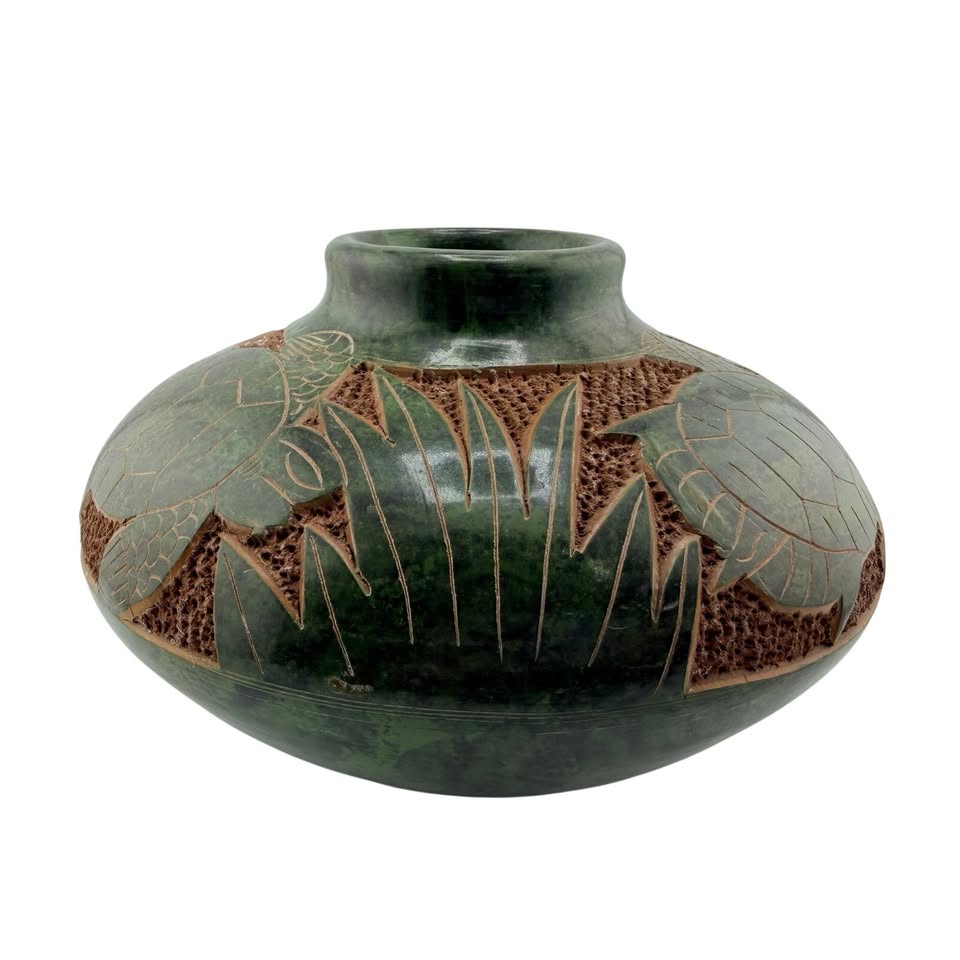 Sea-Turtle Grove Vase · Carved Green Ceramic Vessel, additional view — original item photo Sea-Turtle Grove Vase · Carved Green Ceramic Vessel, additional view — original item photo