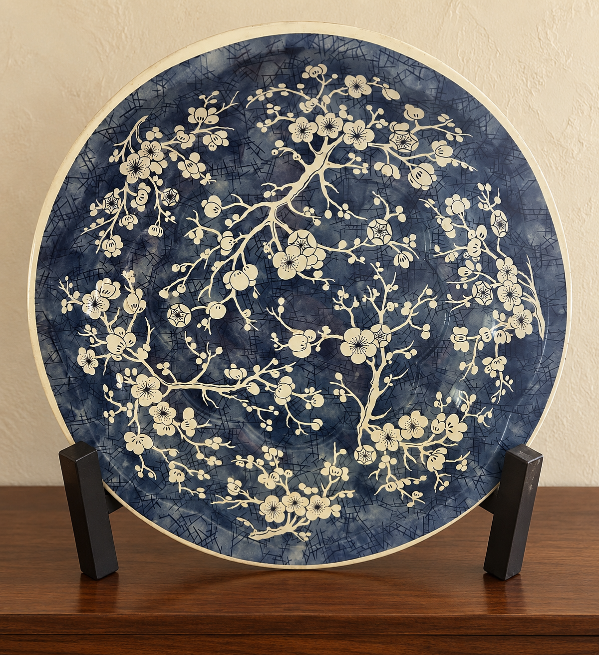 Daher Blue & White Blossom Tin Bowl — Marked England, additional view — styled setting Daher Blue & White Blossom Tin Bowl — Marked England, additional view — styled setting