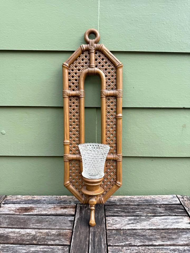 Woven-Look Bamboo Wall Accent · Clear Hobnail Glass Sconce, additional view — original item photo