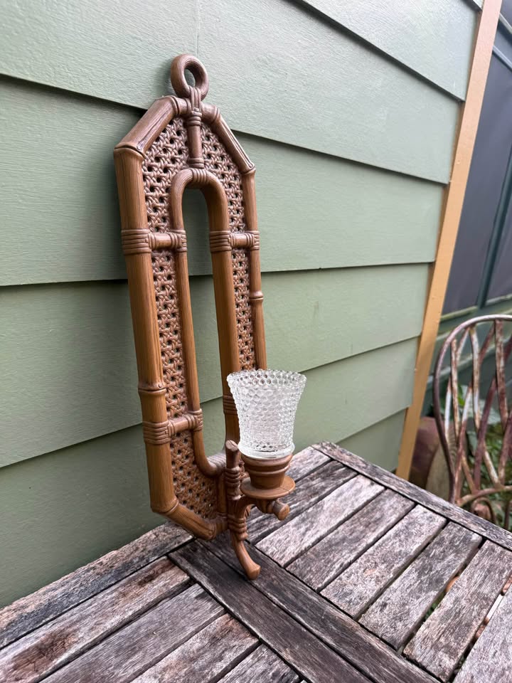 Woven-Look Bamboo Wall Accent · Clear Hobnail Glass Sconce, additional view — original item photo