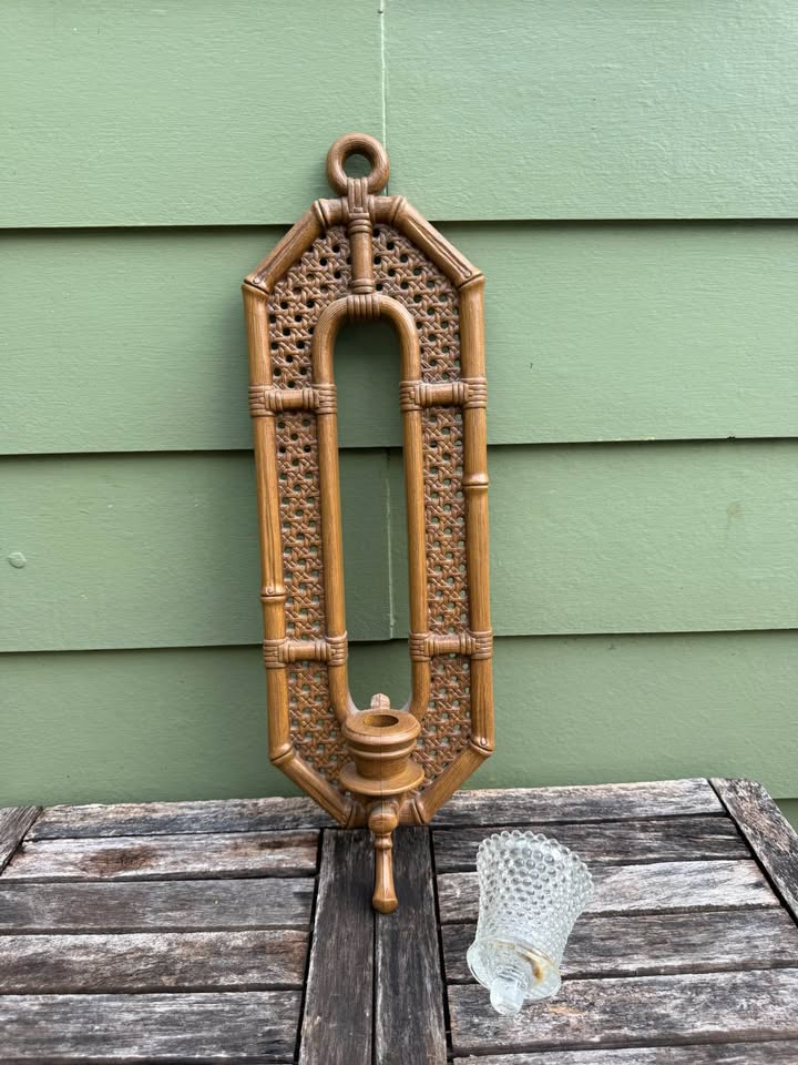 Woven-Look Bamboo Wall Accent · Clear Hobnail Glass Sconce, additional view — original item photo