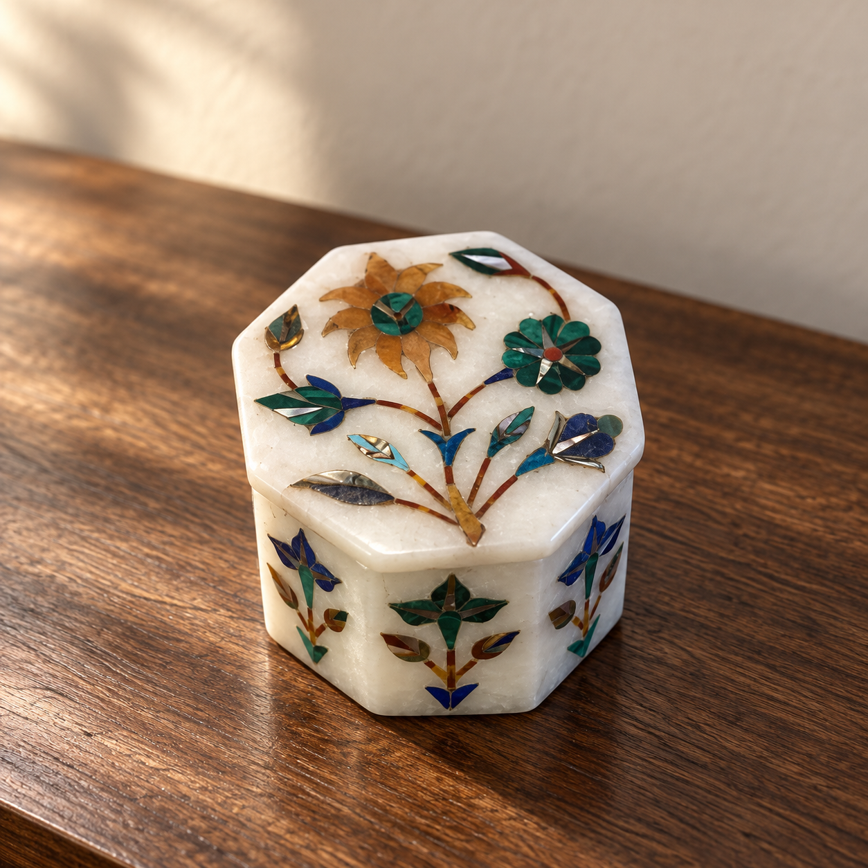 Petal Mosaic · Floral-Inlay Marble Keepsake Box — AI-styled preview; props not included