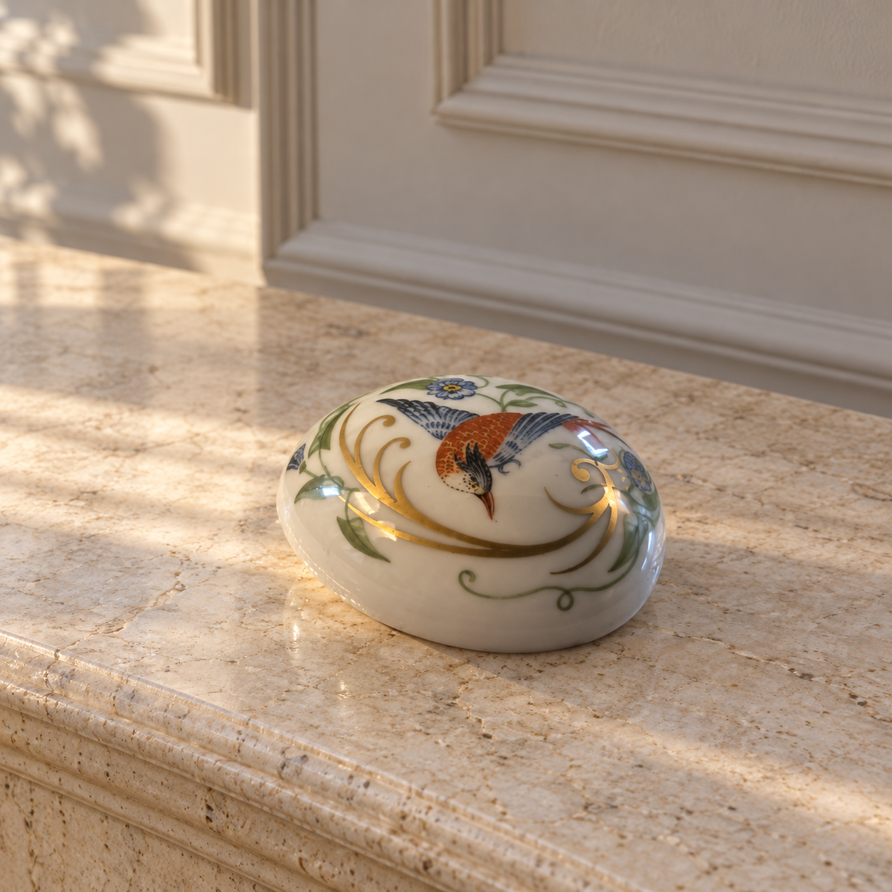 Songbird Scroll · Castel Porcelain Decorative Egg — AI-styled preview; props not included