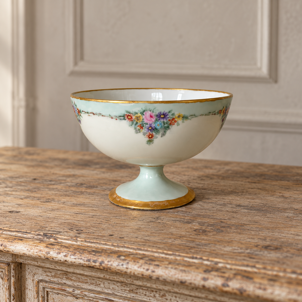 Mint Garland · T&V Limoges Pedestal Bowl — AI-styled preview; props not included