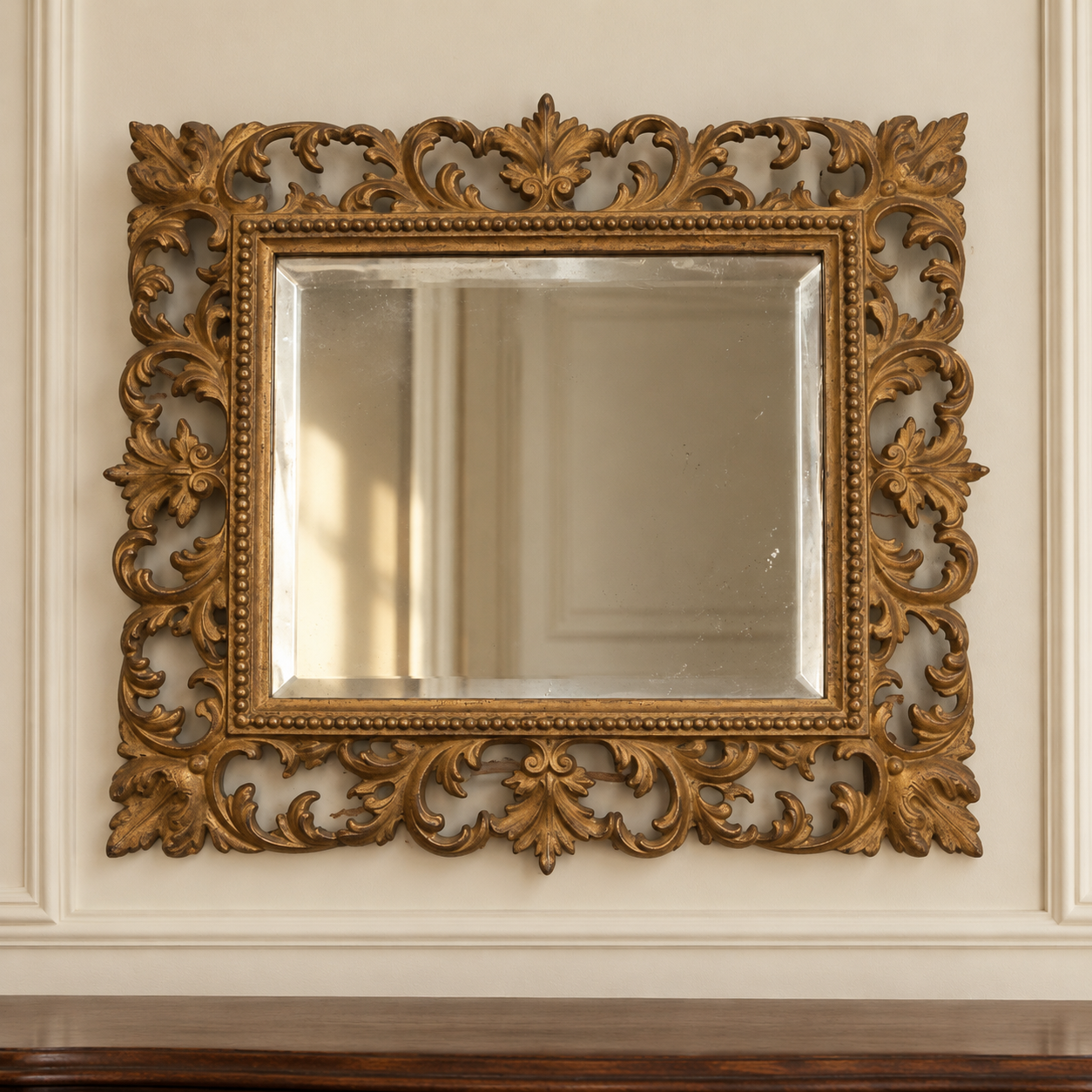 Salon Scrollwork · Beveled Brass-Tone Wall Mirror — AI-styled preview; props not included