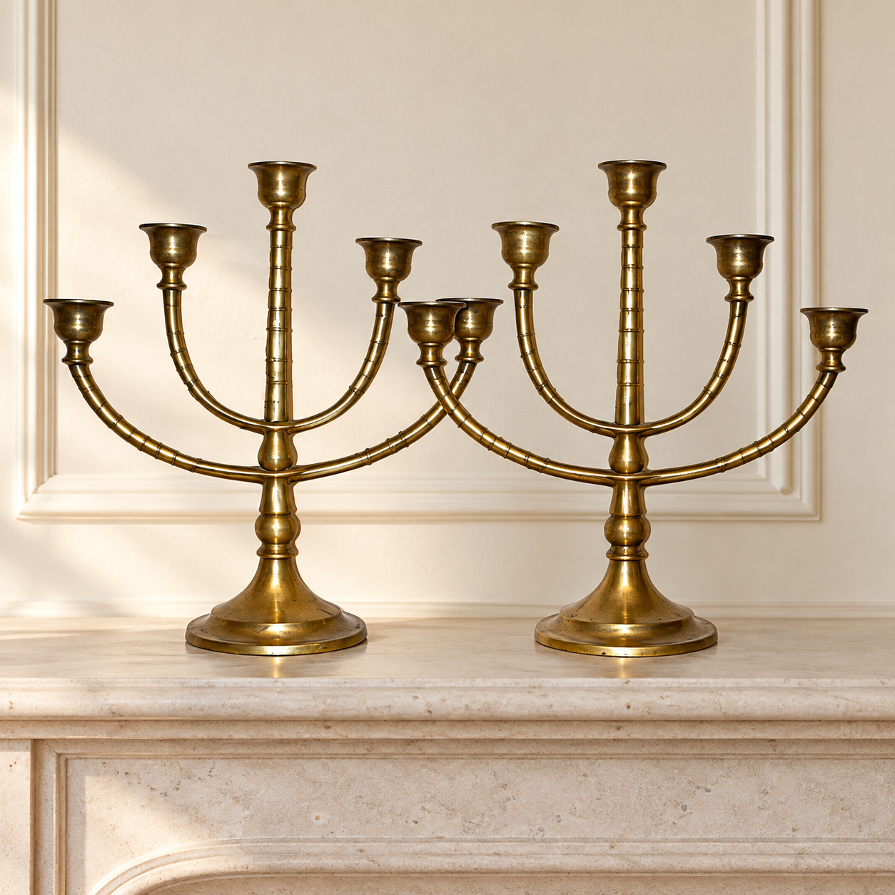 Salon Arc · Five-Light Brass Candelabra Pair — AI-styled preview; props not included Salon Arc · Five-Light Brass Candelabra Pair — AI-styled preview; props not included