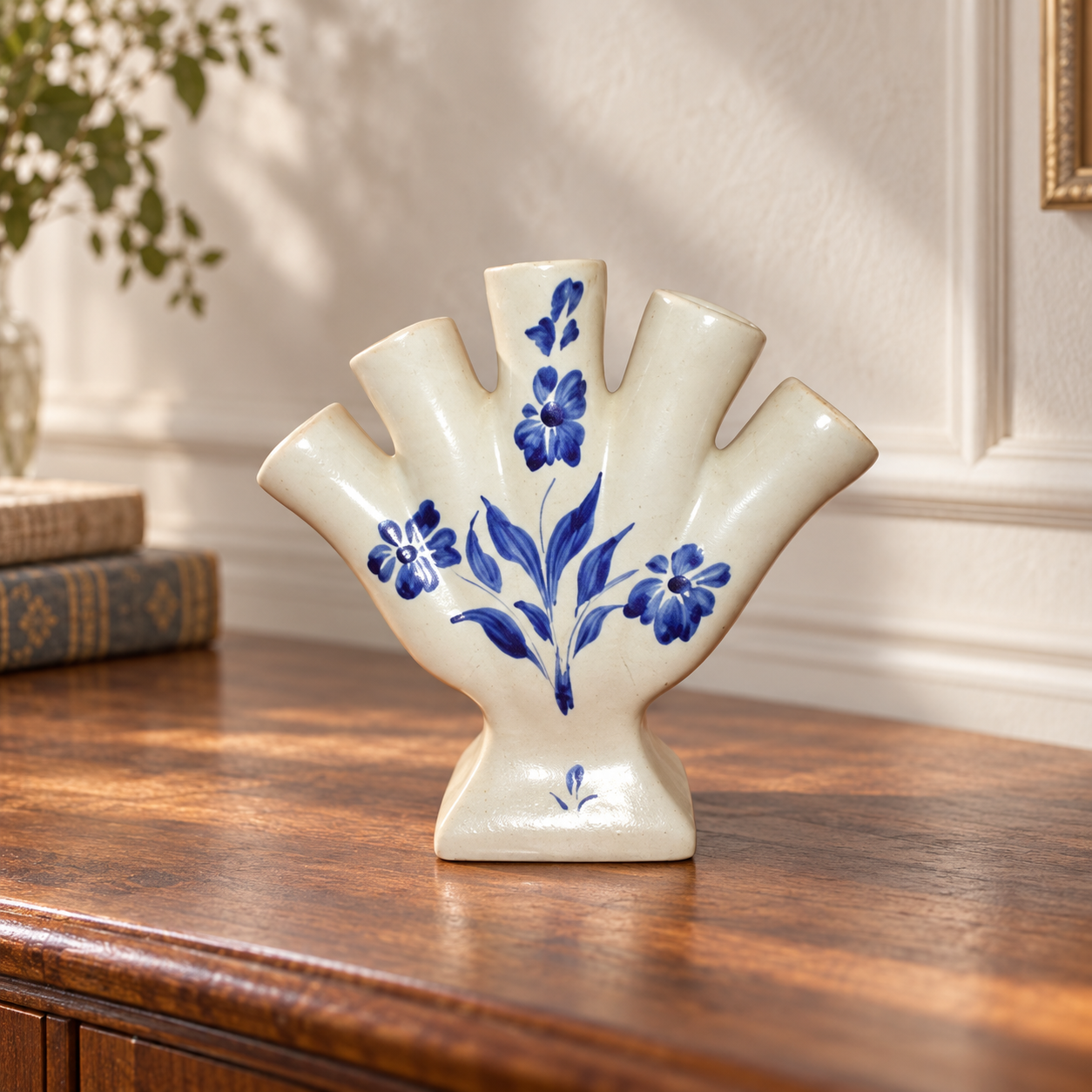 Cobalt Flourish · Five-Stem Ceramic Fan Vase — AI-styled preview; props not included Cobalt Flourish · Five-Stem Ceramic Fan Vase — AI-styled preview; props not included