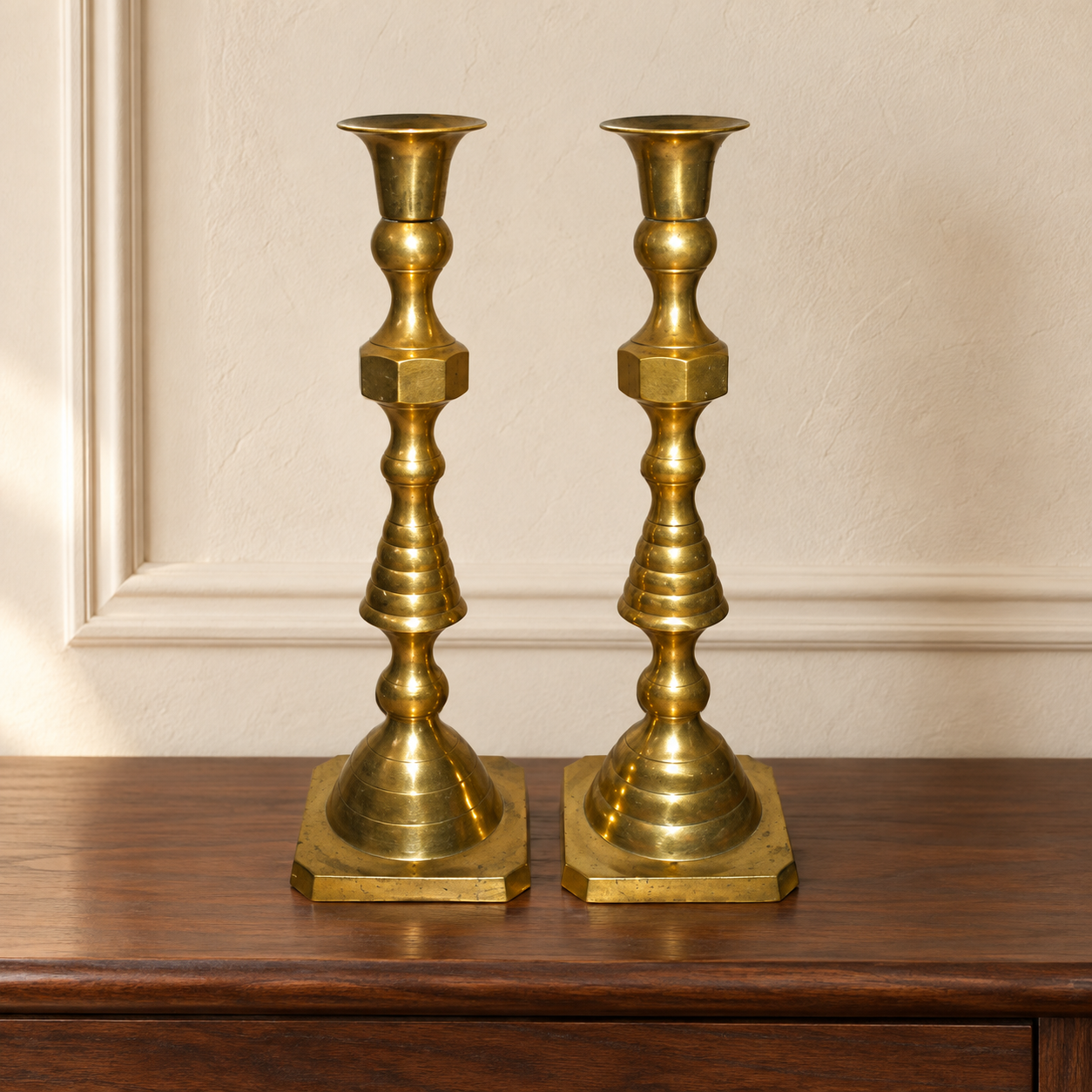 Golden Column · Tall Brass Candlestick Pair — AI-styled preview; props not included Golden Column · Tall Brass Candlestick Pair — AI-styled preview; props not included