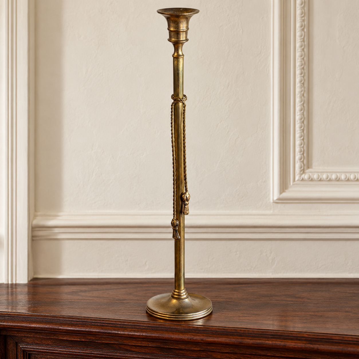 Golden Cord · Tall Tassel Brass Candlestick — AI-styled preview; props not included